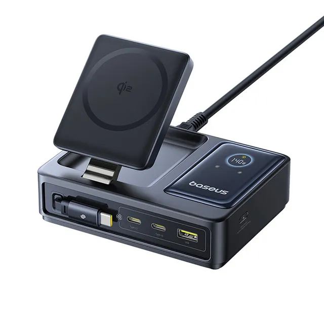 baseus-nomos-5-in-1-desktop-charger-qi2-140w-retractable-cable-wireless-charging image 1