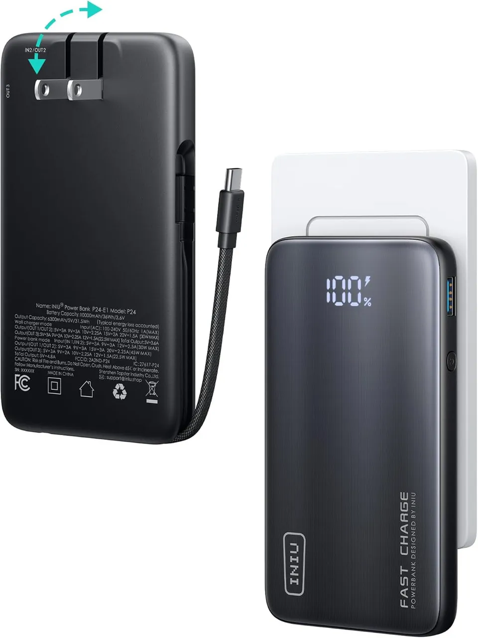 iniu-p24-e1-3-in-1-portable-charger-45w-10000mah-power-bank-with-built-in-cables image 1