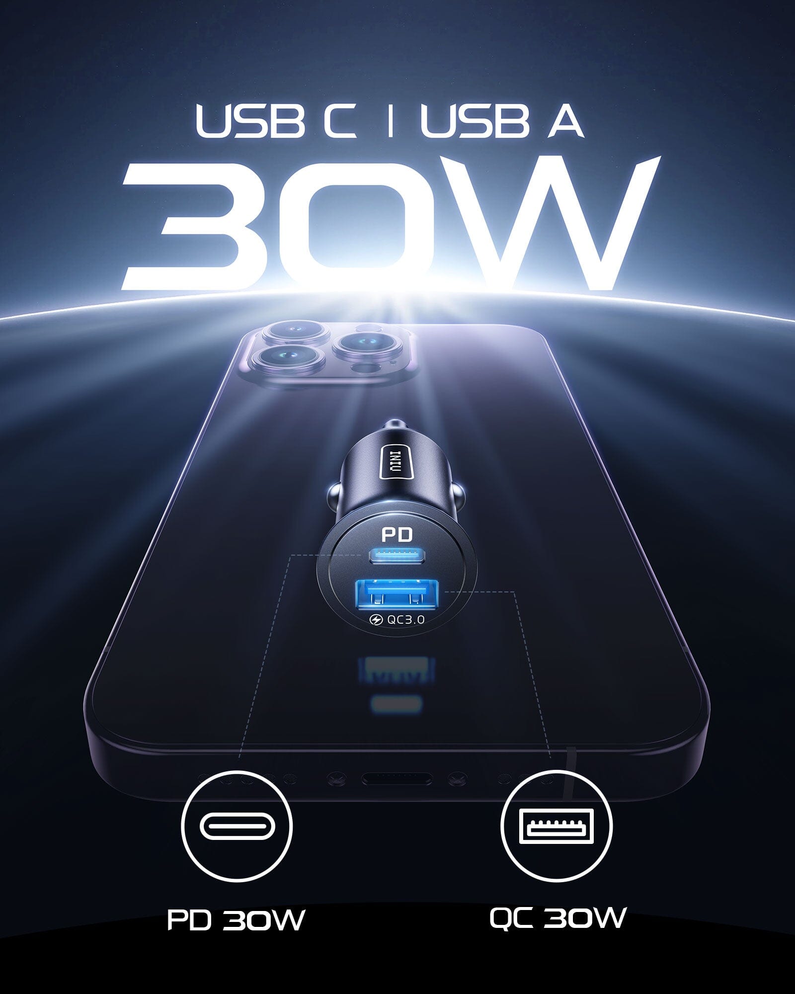 iniu-i710-60w-2-port-fast-car-charger-with-pd-3-0-usb-c-and-qc-3-0-usb image 3