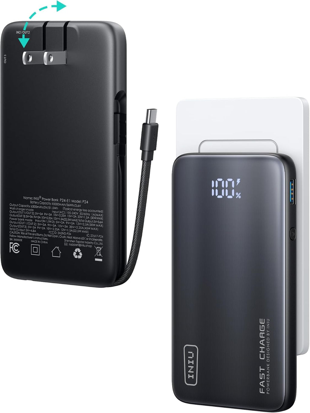 iniu-p24-e1-3-in-1-portable-charger-45w-10000mah-power-bank-with-built-in-cables image 1