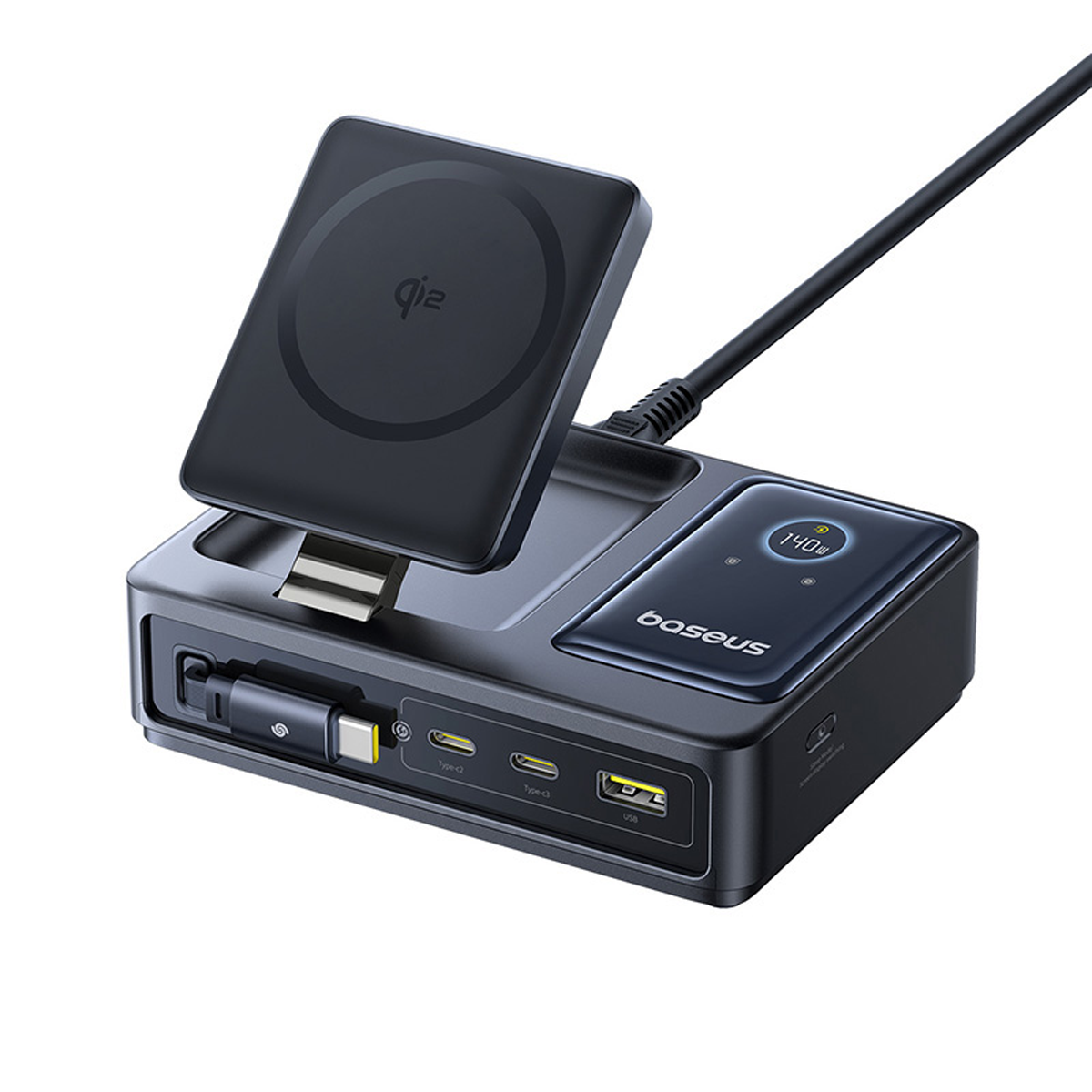 baseus-nomos-5-in-1-desktop-charger-qi2-140w-retractable-cable-wireless-charging image 1