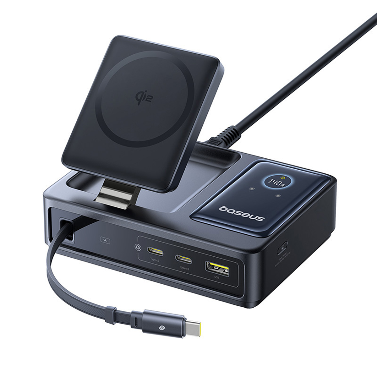 baseus-nomos-5-in-1-desktop-charger-qi2-140w-retractable-cable-wireless-charging image 4